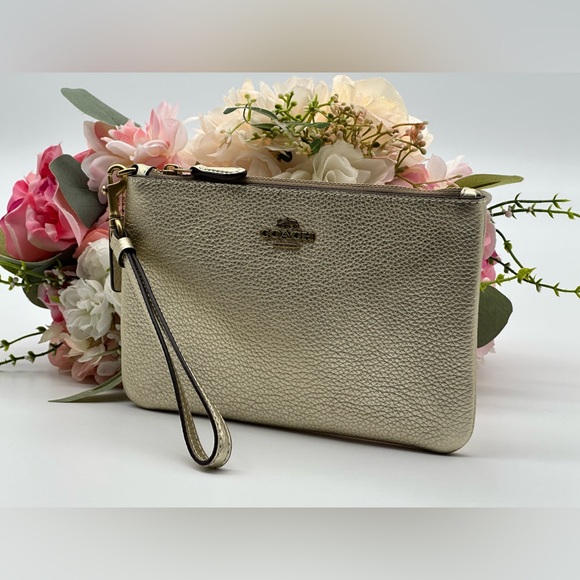 Coach Gold Metallic Pebbled Leather Wristlet - Picture 3 of 15